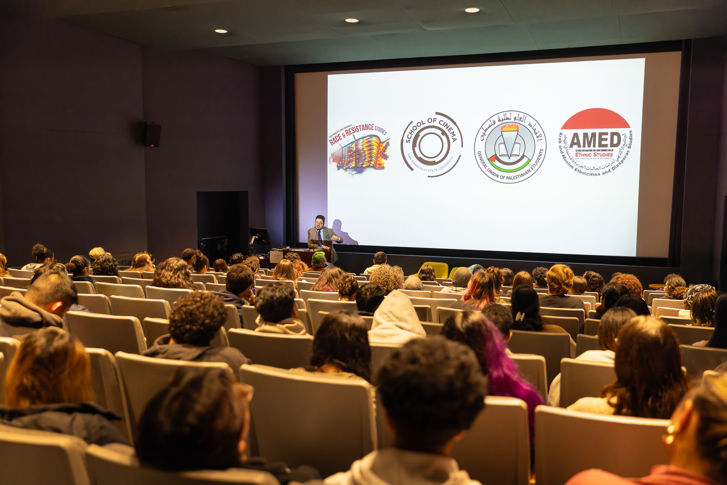 The sponsors of the event depicted on screen (Race & Resistance Studies, SFSU School of Cinema, General Union of Palestinian Students, Arab and Muslim Ethnicities and Diasporas Studies)