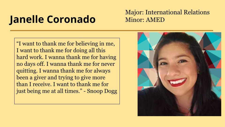 Janelle Coronada quoted Snoop Doggs I want to thank me speech.