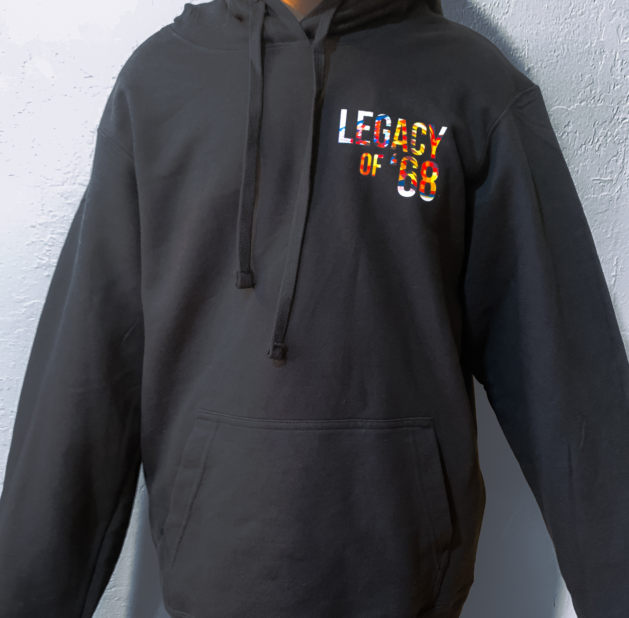 The RRS hoodie modeled by a student, showing the front. 